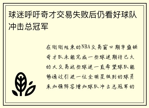 球迷呼吁奇才交易失败后仍看好球队冲击总冠军