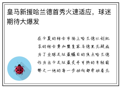 皇马新援哈兰德首秀火速适应，球迷期待大爆发