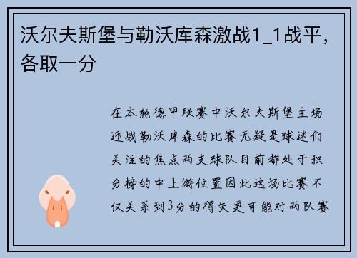 沃尔夫斯堡与勒沃库森激战1_1战平，各取一分